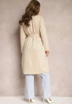 Beżowy Płaszcz Dwurzędowy z Ekozamszu Wiązany w Talii Faira