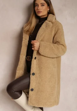 Beżowy Płaszcz Futrzany Teddy Karli