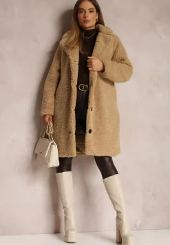 Beżowy Płaszcz Futrzany Teddy Karli