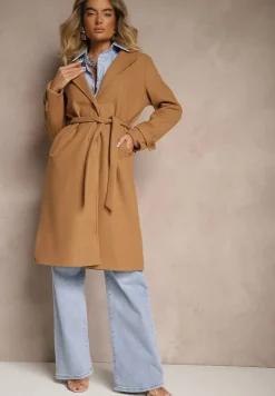 Beżowy Płaszcz Jednorzędowy z Paskiem Oronice