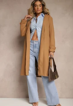 Beżowy Płaszcz Jednorzędowy z Paskiem Oronice