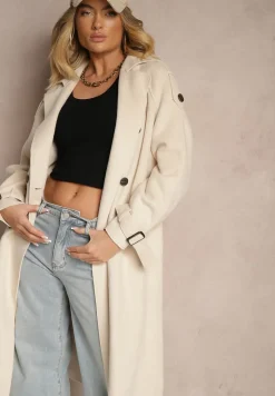 Beżowy Płaszcz o Dwurzędowym Fasonie z Paskiem Nivela