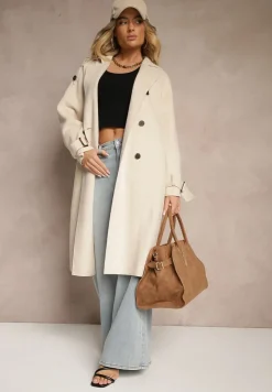Beżowy Płaszcz o Dwurzędowym Fasonie z Paskiem Nivela