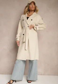 Beżowy Płaszcz o Dwurzędowym Fasonie z Paskiem Nivela