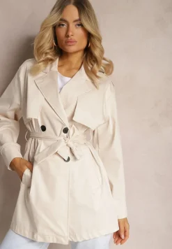 Beżowy Płaszcz o Fasonie Trencza Wiązany w Pasie Moonelle