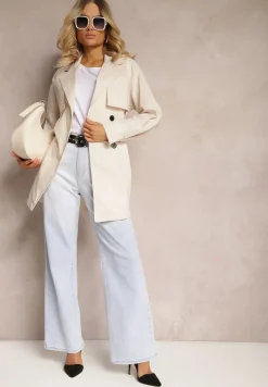 Beżowy Płaszcz o Fasonie Trencza Wiązany w Pasie Moonelle