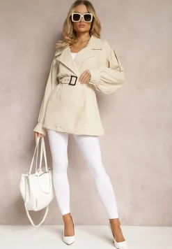 Beżowy Płaszcz o Krótkim Fasonie z Paskiem i Elastyczną Talią oraz Bufiastymi Rękawami Pathia