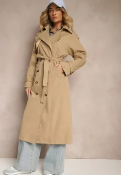 Beżowy Płaszcz o Wydłużonym Fasonie Trencza z Guzikami i Paskiem Dennime