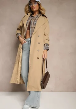 Beżowy Płaszcz o Wydłużonym Fasonie Trencza z Guzikami i Paskiem Dennime