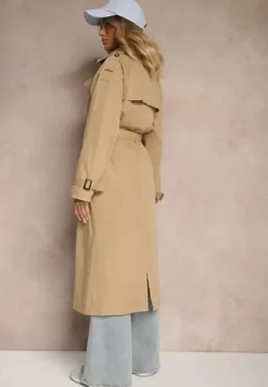 Beżowy Płaszcz o Wydłużonym Fasonie Trencza z Guzikami i Paskiem Dennime