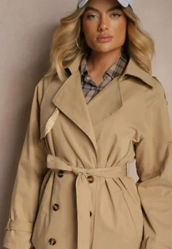 Beżowy Płaszcz o Wydłużonym Fasonie Trencza z Guzikami i Paskiem Dennime