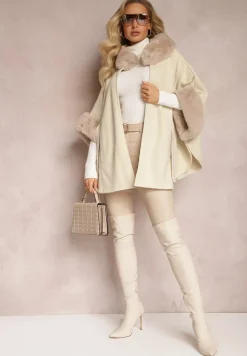Beżowy Płaszcz Ponczo z Wiskozy z Paskiem i Futerkiem Roymessa