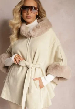 Beżowy Płaszcz Ponczo z Wiskozy z Paskiem i Futerkiem Roymessa