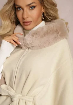 Beżowy Płaszcz Ponczo z Wiskozy z Paskiem i Futerkiem Roymessa