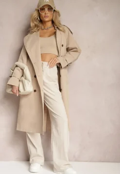 Beżowy Płaszcz Trencz Dwurzędowy z Guzikami oraz Paskiem i Pagonami Kolira