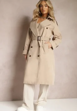 Beżowy Płaszcz Trencz Dwurzędowy z Guzikami oraz Paskiem i Pagonami Kolira