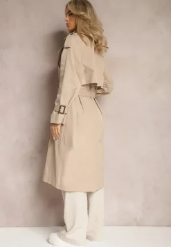 Beżowy Płaszcz Trencz Dwurzędowy z Guzikami oraz Paskiem i Pagonami Kolira