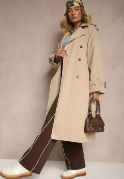 Beżowy Płaszcz Trencz Dwurzędowy z Paskiem Lene