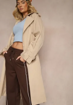 Beżowy Płaszcz Trencz Dwurzędowy z Paskiem Lene