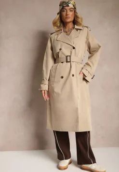 Beżowy Płaszcz Trencz Dwurzędowy z Paskiem Lene