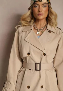 Beżowy Płaszcz Trencz Dwurzędowy z Paskiem Lene