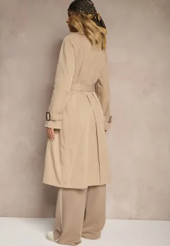 Beżowy Płaszcz Trencz Dwurzędowy Taliowany Paskiem z Patkami na Rękawach Diore