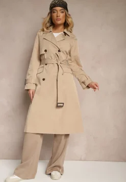 Beżowy Płaszcz Trencz Dwurzędowy Taliowany Paskiem z Patkami na Rękawach Diore