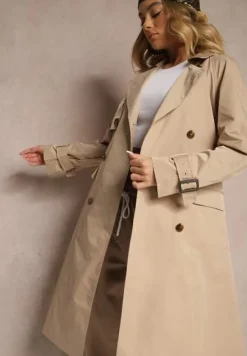 Beżowy Płaszcz Trencz Dwurzędowy Taliowany Paskiem z Patkami na Rękawach Diore