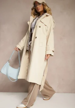 Beżowy Płaszcz Trencz o Dwurzędowym Kroju z Rozcięciem i Klapą Wiązany w Talii Valezi