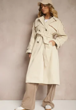 Beżowy Płaszcz Trencz o Dwurzędowym Kroju z Rozcięciem i Klapą Wiązany w Talii Valezi