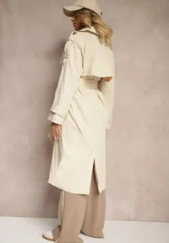 Beżowy Płaszcz Trencz o Dwurzędowym Kroju z Rozcięciem i Klapą Wiązany w Talii Valezi