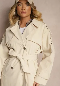 Beżowy Płaszcz Trencz o Dwurzędowym Kroju z Rozcięciem i Klapą Wiązany w Talii Valezi