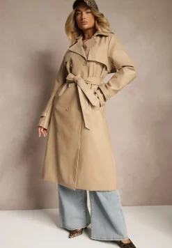 Beżowy Płaszcz Trencz z Ekoskóry Wiązany w Pasie Ozdobiony Paskami Valentisha