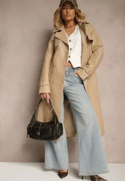 Beżowy Płaszcz Trencz z Ekoskóry Wiązany w Pasie Ozdobiony Paskami Valentisha