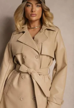 Beżowy Płaszcz Trencz z Ekoskóry Wiązany w Pasie Ozdobiony Paskami Valentisha