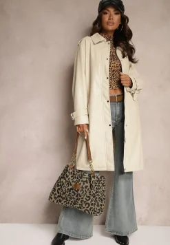 Beżowy Płaszcz Trencz z Paskiem w Talii i Kieszeniami Mailora