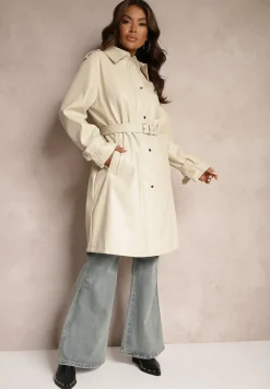 Beżowy Płaszcz Trencz z Paskiem w Talii i Kieszeniami Mailora