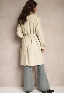 Beżowy Płaszcz Trencz z Paskiem w Talii i Kieszeniami Mailora