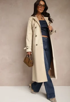 Beżowy Płaszcz w Stylu Trencza z Paskiem i Klamrą Sinthelle