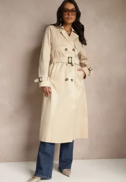Beżowy Płaszcz w Stylu Trencza z Paskiem i Klamrą Sinthelle