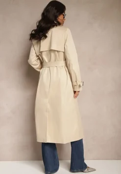 Beżowy Płaszcz w Stylu Trencza z Paskiem i Klamrą Sinthelle