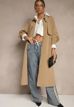 Beżowy Płaszcz w Stylu Trencza Vintage z Asymetryczną Zakładką i Paskiem Davivellea