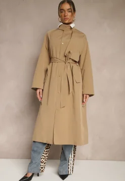 Beżowy Płaszcz w Stylu Trencza Vintage z Asymetryczną Zakładką i Paskiem Davivellea