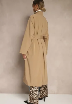 Beżowy Płaszcz w Stylu Trencza Vintage z Asymetryczną Zakładką i Paskiem Davivellea