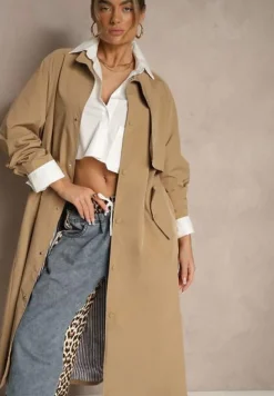 Beżowy Płaszcz w Stylu Trencza Vintage z Asymetryczną Zakładką i Paskiem Davivellea