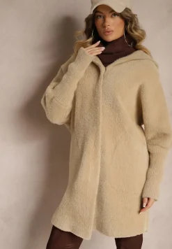 Beżowy Płaszcz Wełniany z Alpaką Oversize Długi z Kapturem Ortylia