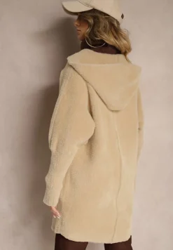 Beżowy Płaszcz Wełniany z Alpaką Oversize Długi z Kapturem Ortylia