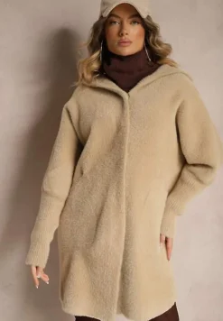 Beżowy Płaszcz Wełniany z Alpaką Oversize Długi z Kapturem Ortylia