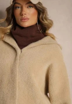 Beżowy Płaszcz Wełniany z Alpaką Oversize Długi z Kapturem Ortylia