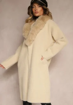 Beżowy Płaszcz z Dzianiny z Wełną Zdobiony Odpinanym Futrem Veliti